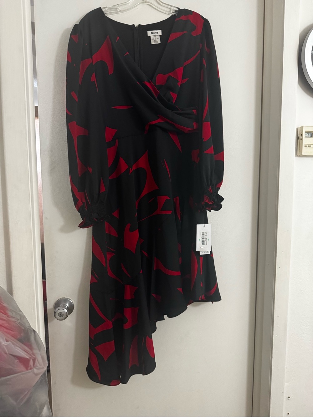 BNWT DKNY Black and Red Asymmetrical Faux-Wrap Dress